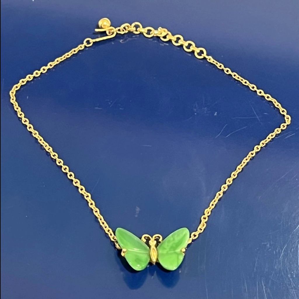 Crown Trifari Faux Jade Butterfly Necklace Green Lucite Gold Vintage Jewelry